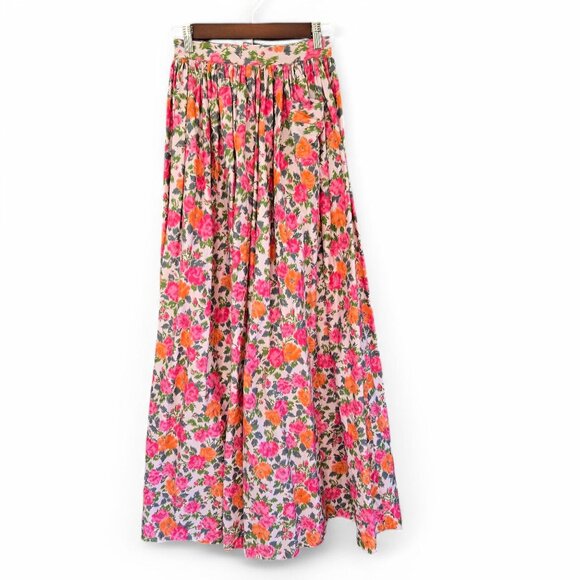 Handmade Dresses & Skirts - Vintage Floral Maxi Skirt Handmade Gathered Waist Pink & Orange Pattern